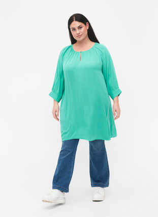 Viscose tunic with 3/4 sleeves, Turquoise, Model image number 2