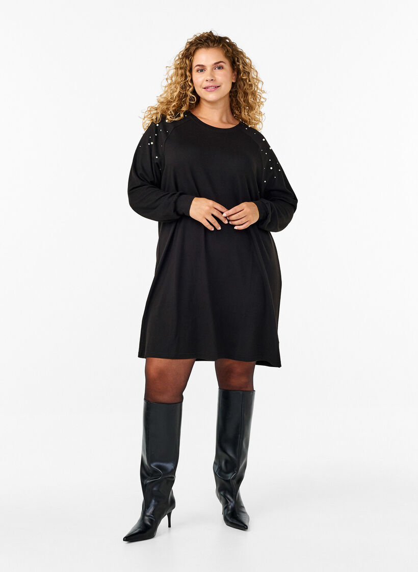 Long-sleeved dress with pearls, Black, Model image number 1