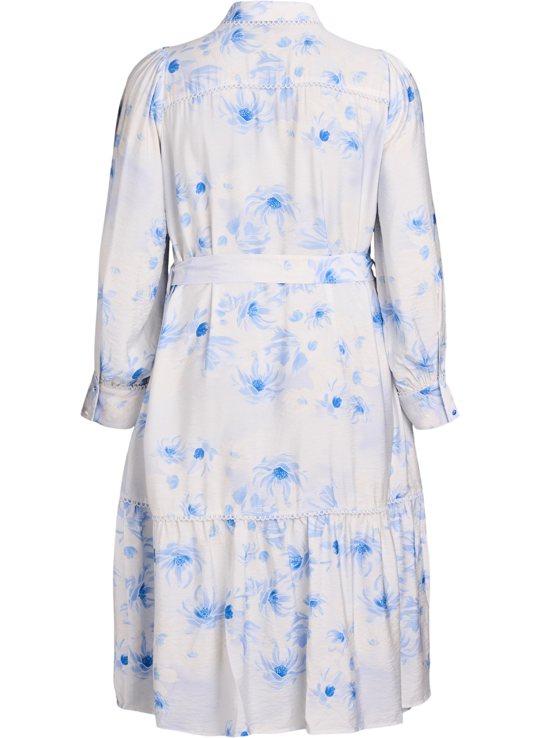 Zizzifashion Floral midi dress with a belt and long sleeves, Light Blue, Packshot image number 1