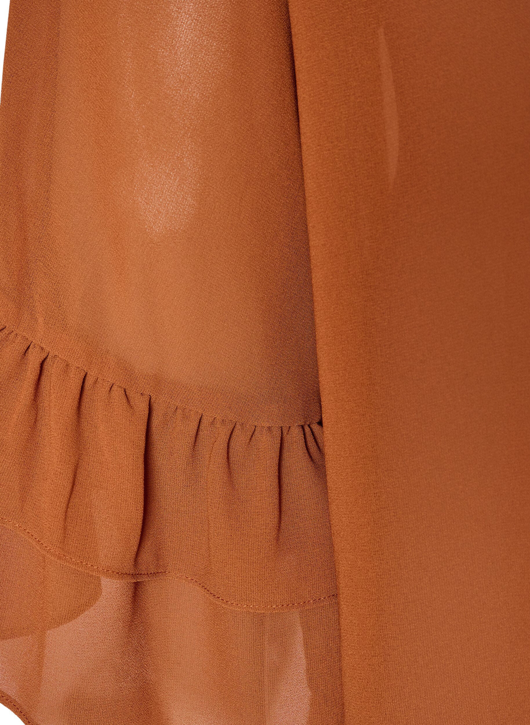 ZizzifashionBlouse with ribbon tie and ruffle details, Brown, Packshot image number 3