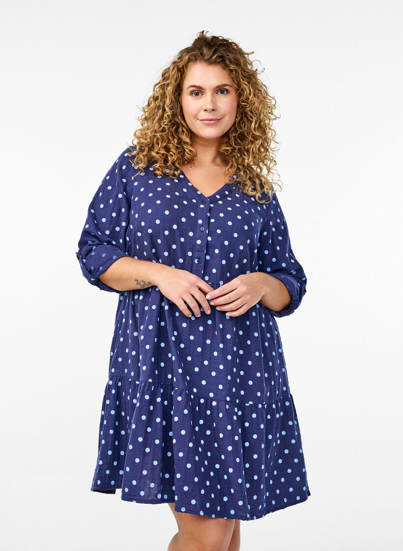 Short cotton muslin dress with polka dots, Blue, Model image number 0