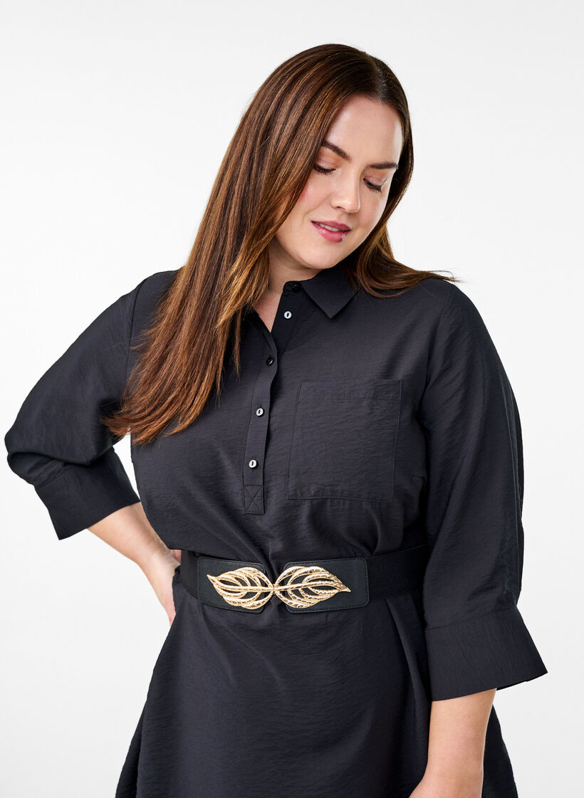 Elastic waist belt with gold-coloured leaf buckle, Black, Model image number 0