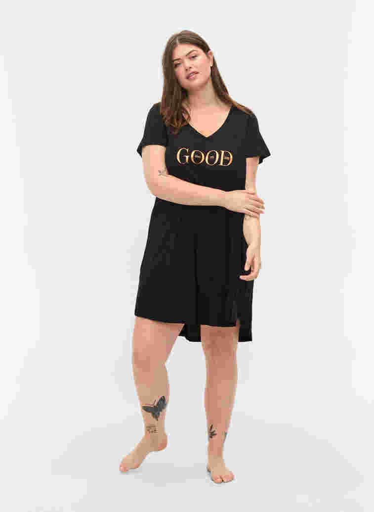 Short-sleeved cotton nightdress with print, Black GOOD, Model image number 2