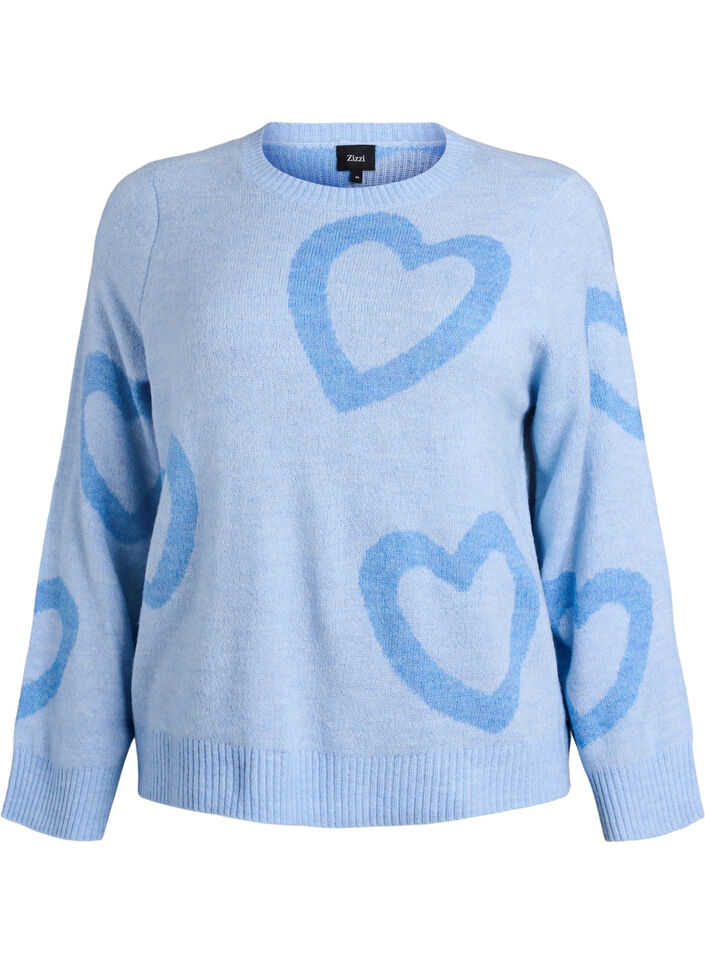 Knit blouse with large hearts and round neckline, Blue, Packshot image number 0