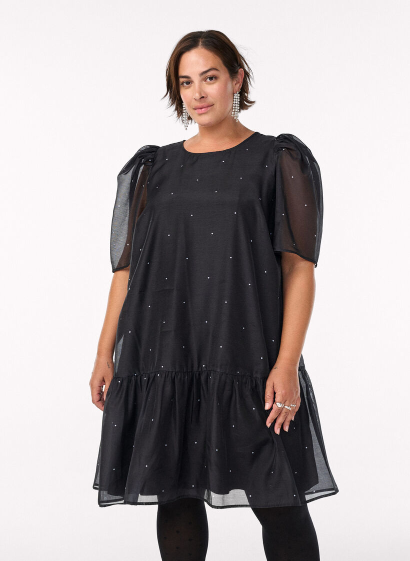 Knee-length party dress with sheer sleeves, Black, Model image number 0