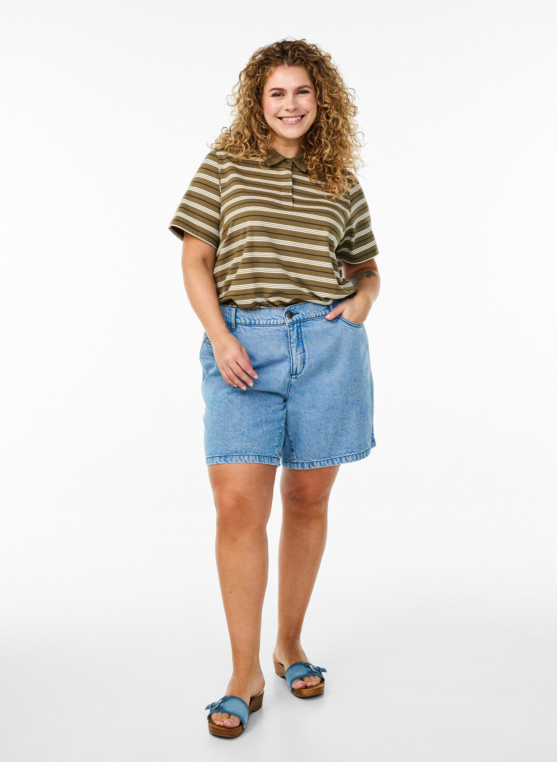 Zizzifashion Striped polo shirt with short sleeves, Green, Model image number 1