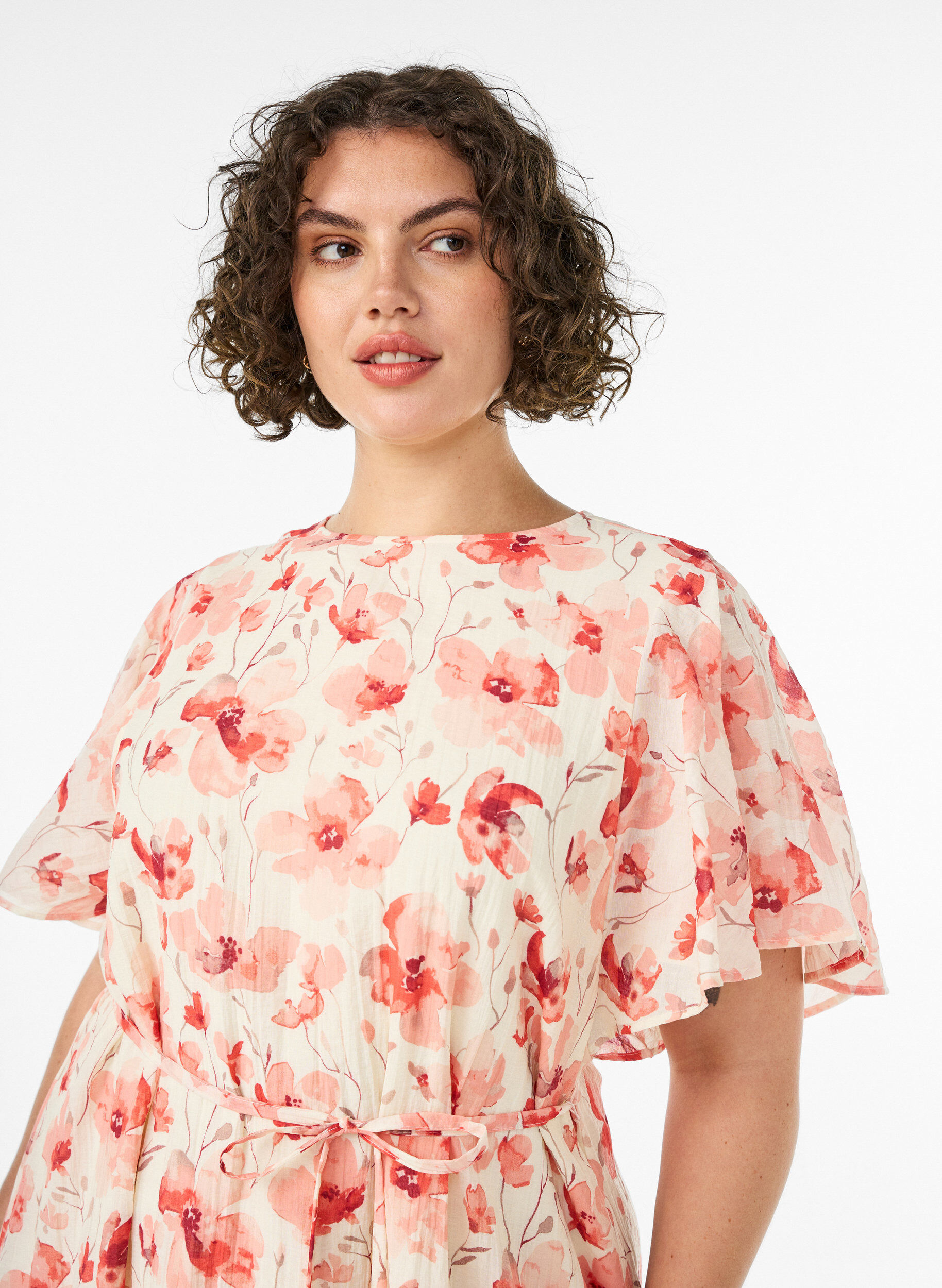 ZizzifashionAnkle-length dress with flutter sleeves and a tie-waist, Rose, Model image number 2