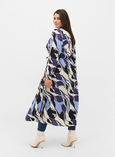 Printed midi dress with wrap, Blue Abstract AOP, Model image number 1