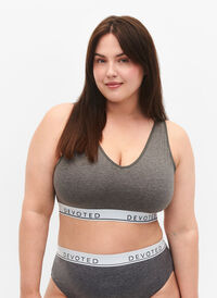 Soft bra top with V-neckline and text print, Medium Grey Melange, Model