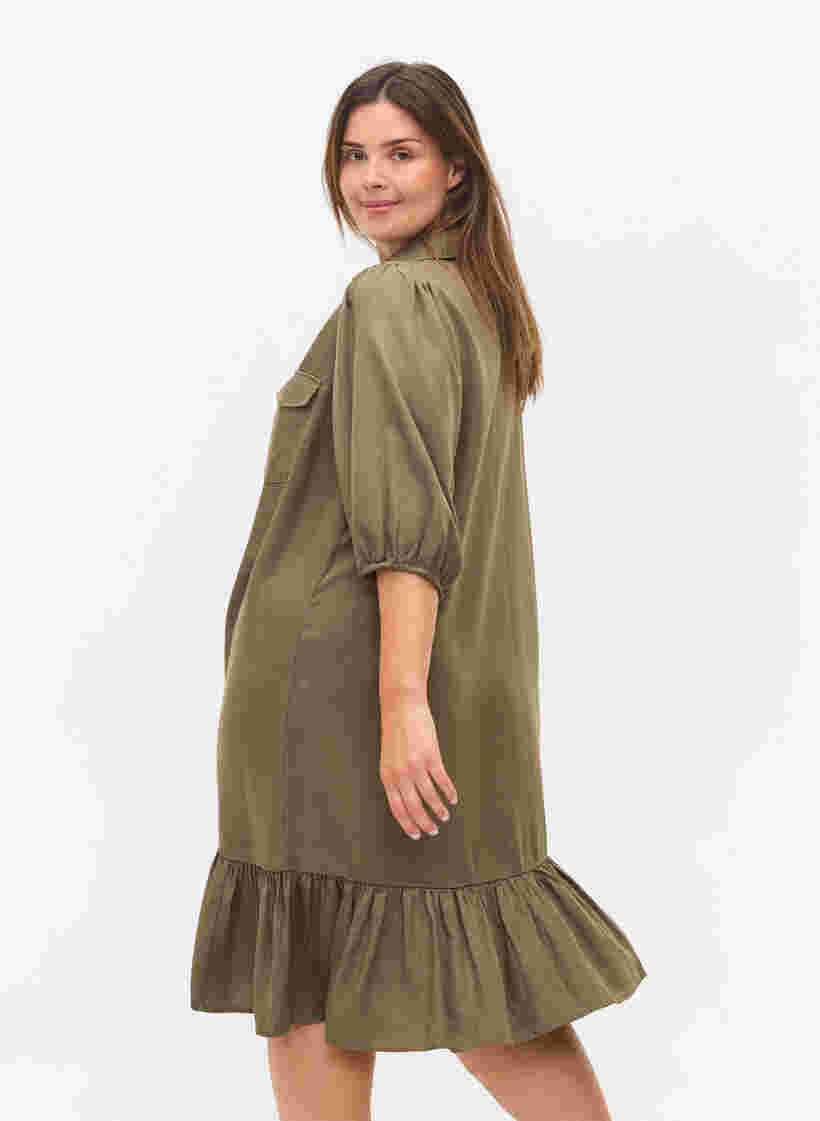 Dress with ruffle trim and 3/4 sleeves, Dusty Olive, Model image number 1