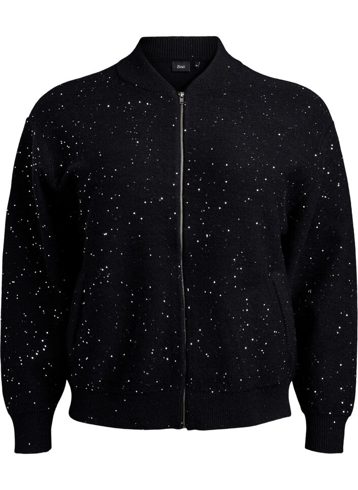 Cardigan with zipper and sequins, Black, Packshot image number 0