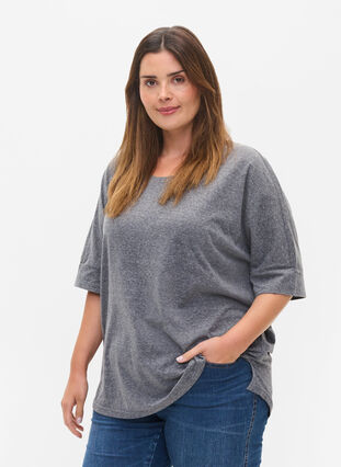 Melange blouse with short sleeves, Black Mel., Model image number 0
