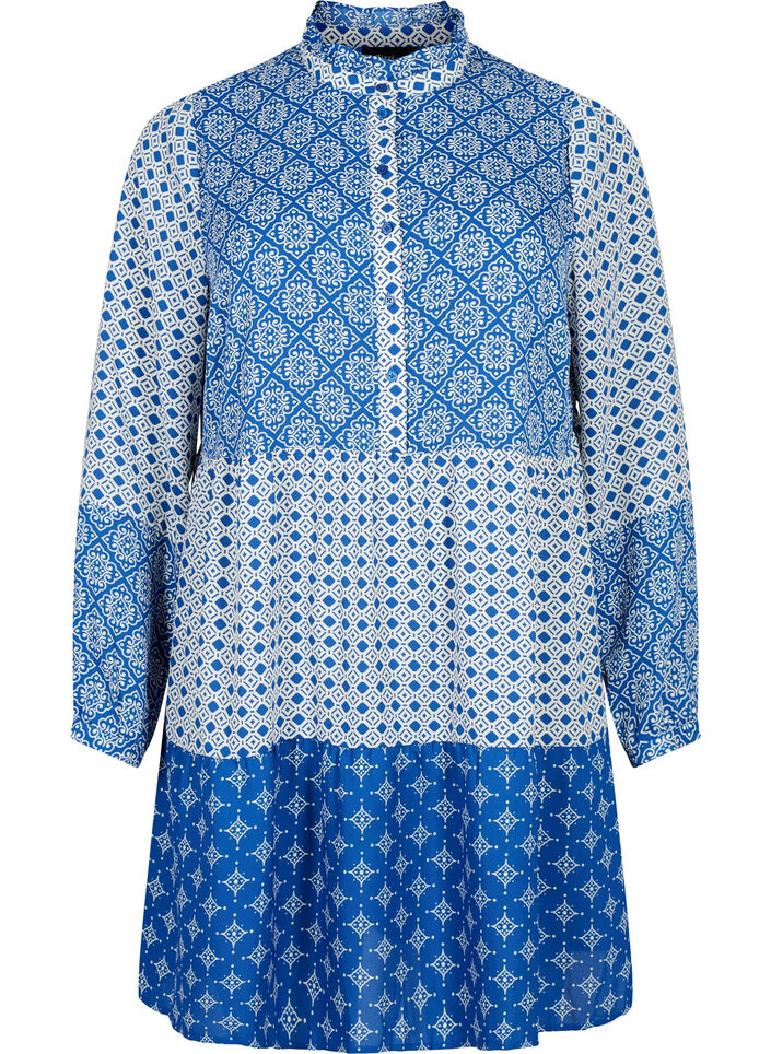 A-shape dress with patterns and cutlines, Blue AOP, Packshot image number 0