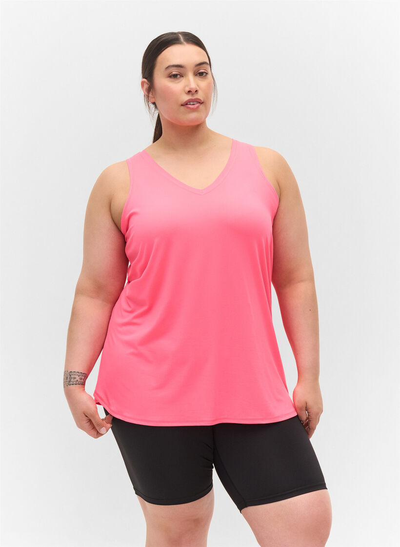 Sports top with V-neck, Neon pink, Model
