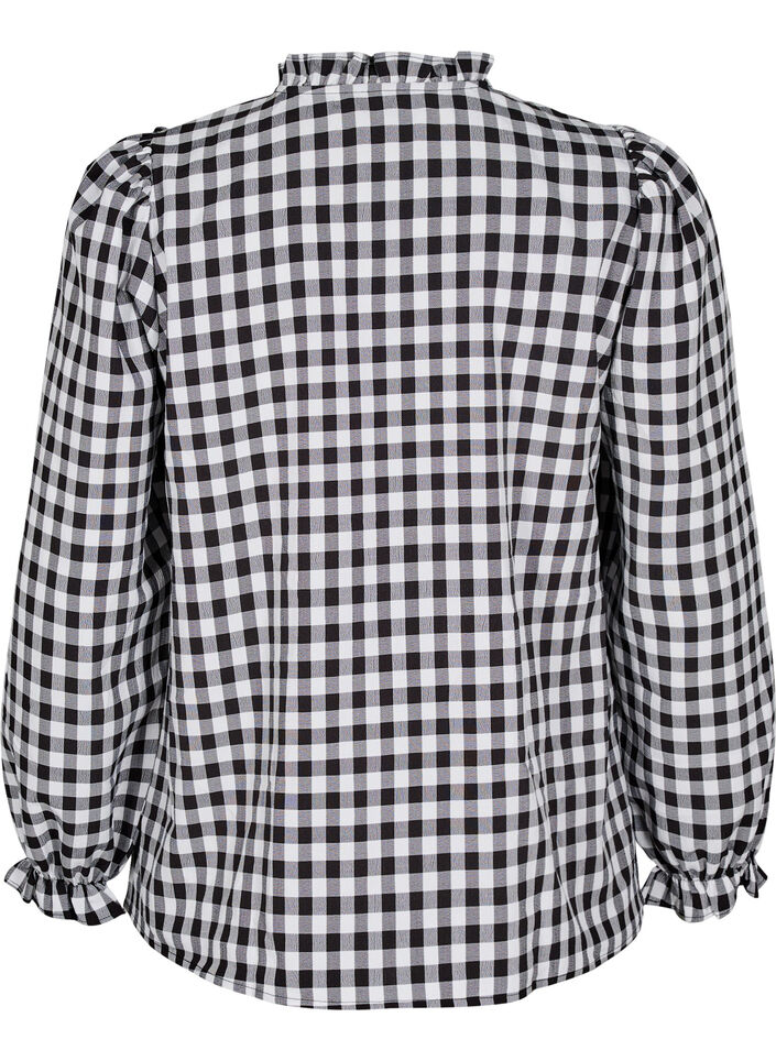 Checked shirt blouse with ruffle details, Black/W. Gingham, Packshot image number 1