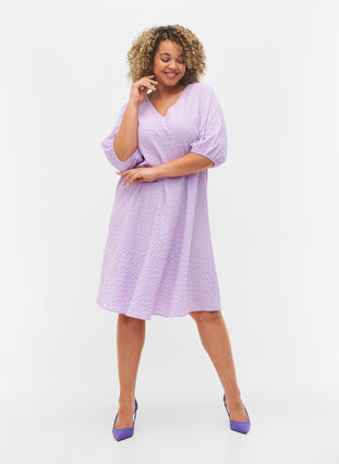 Crepe dress with v-neck and balloon sleeves, Lavendula, Model image number 2