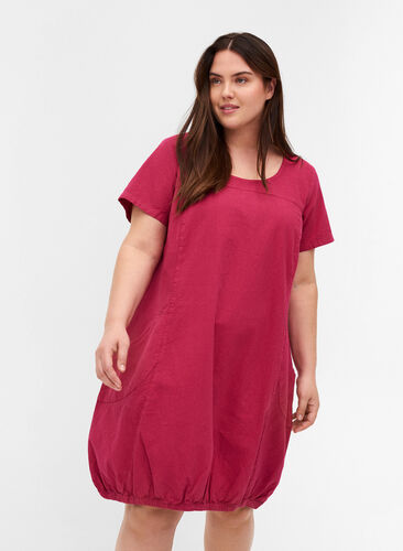 Short-sleeved cotton dress, Sangria, Model image number 0