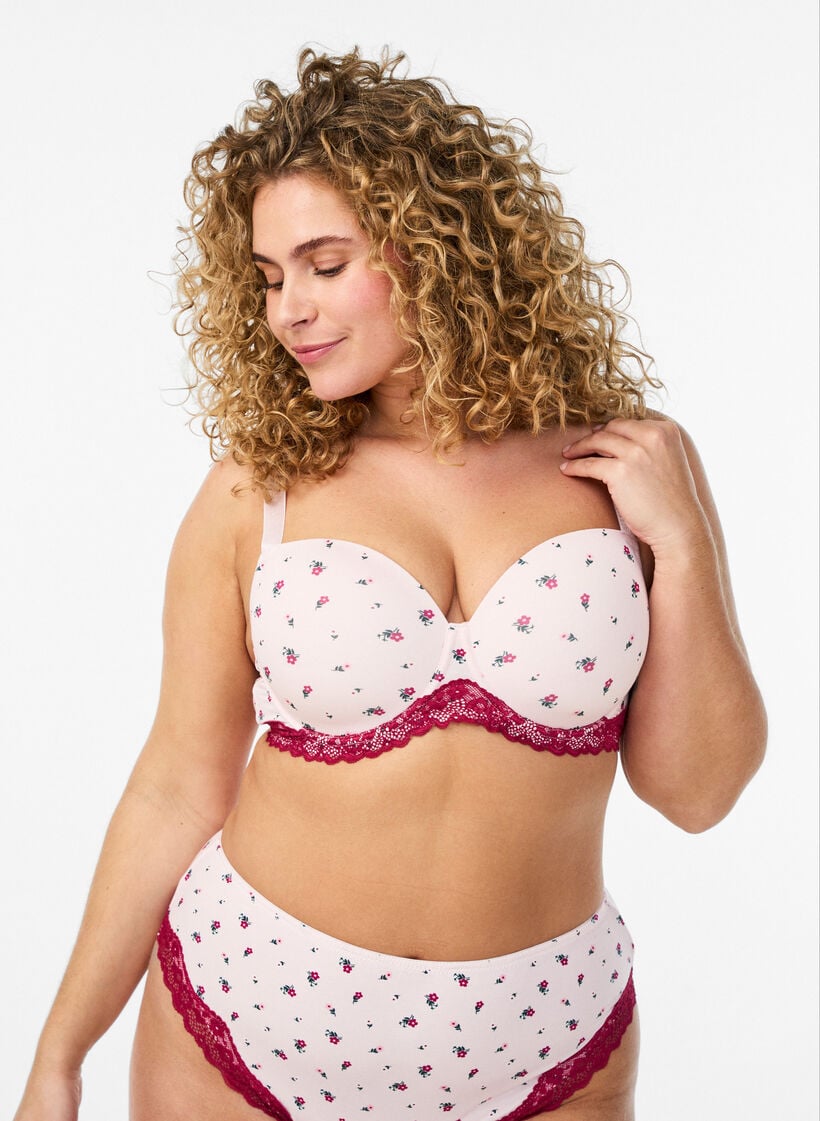 Moulded bra with floral print and lace, Rose, Model image number 0