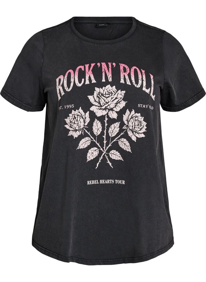 Organic cotton T-shirt with rock print, Black, Packshot image number 0