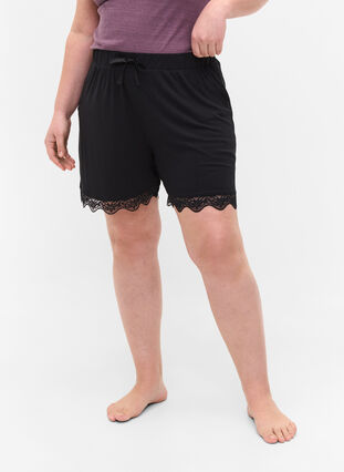 Viscose pyjama shorts with lace detail, Black, Model image number 1