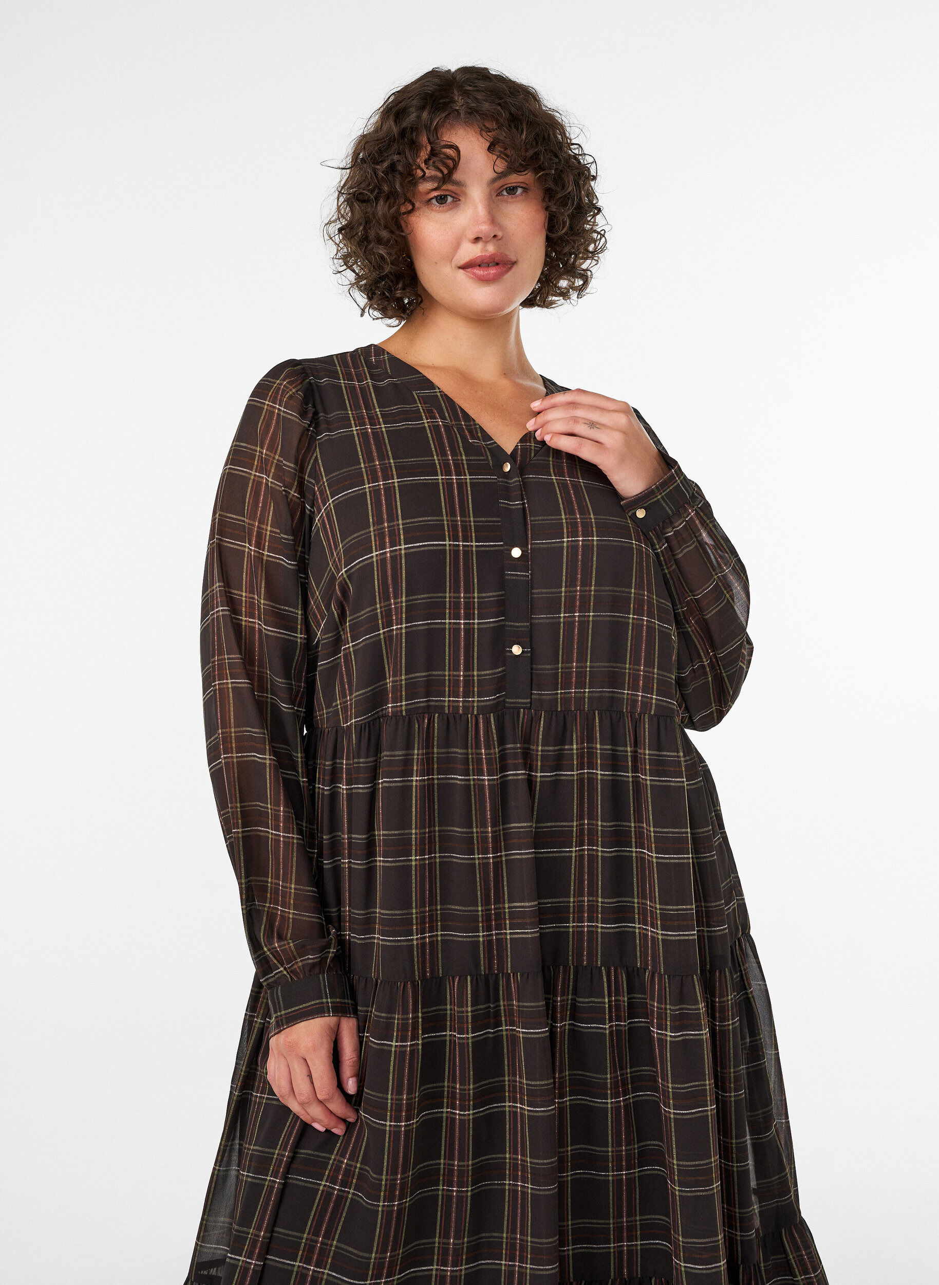 ZizzifashionChecked midi dress with a tiered skirt, Brown, Model image number 2