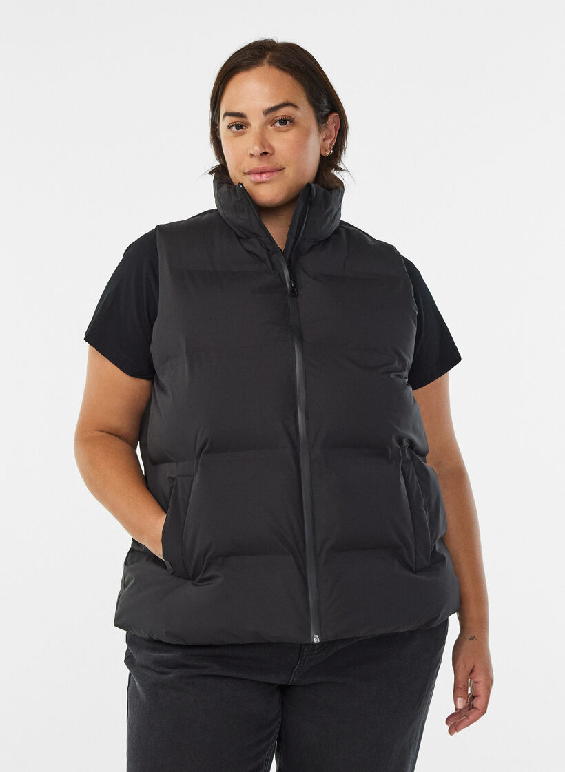 Short puff vest with high collar, Black, Model image number 0