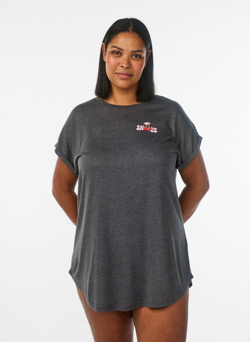 Short sleeve nightgown with text print, Black, Model image number 0