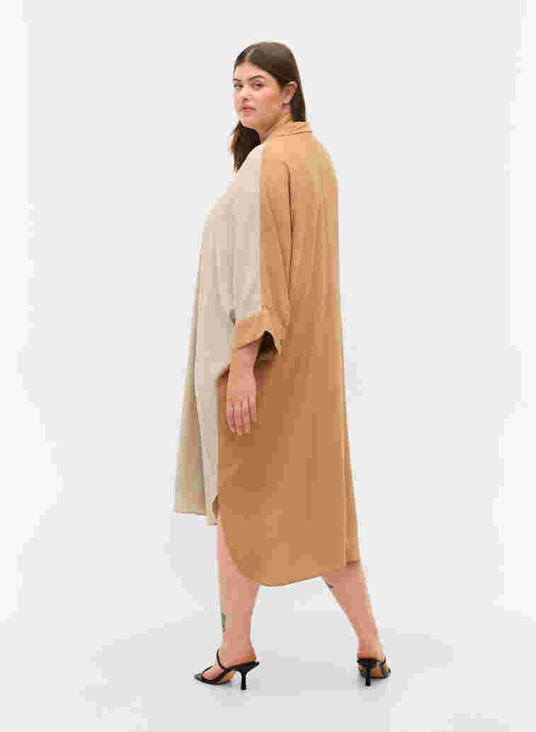 Viscose shirt dress with 3/4 sleeves and colour-block, Praline, Model
