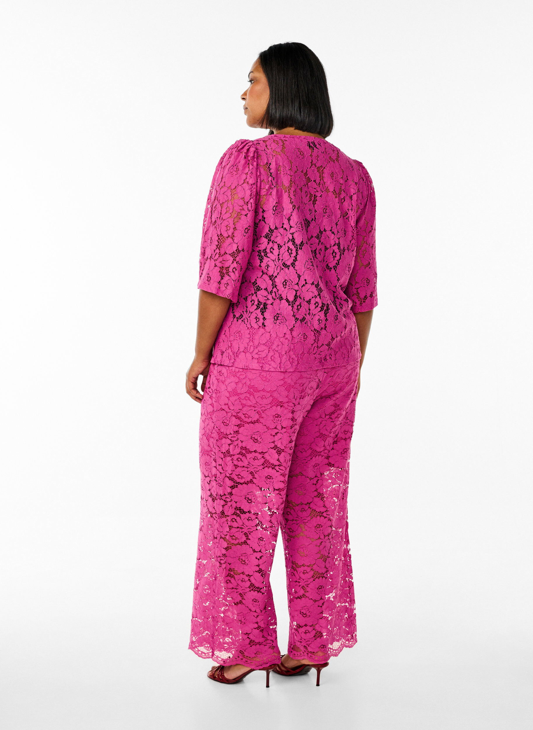 Zizzifashion Lace trousers with a high waist and pockets, Pink, Model image number 1