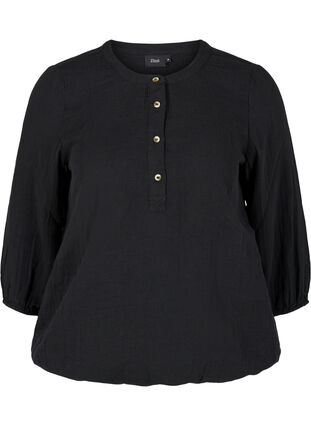 Cotton blouse with buttons and 3/4 sleeves, Black, Packshot image number 0