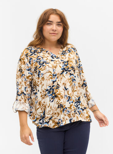 100% viscose blouse with floral print, Ecru Flower, Model image number 0