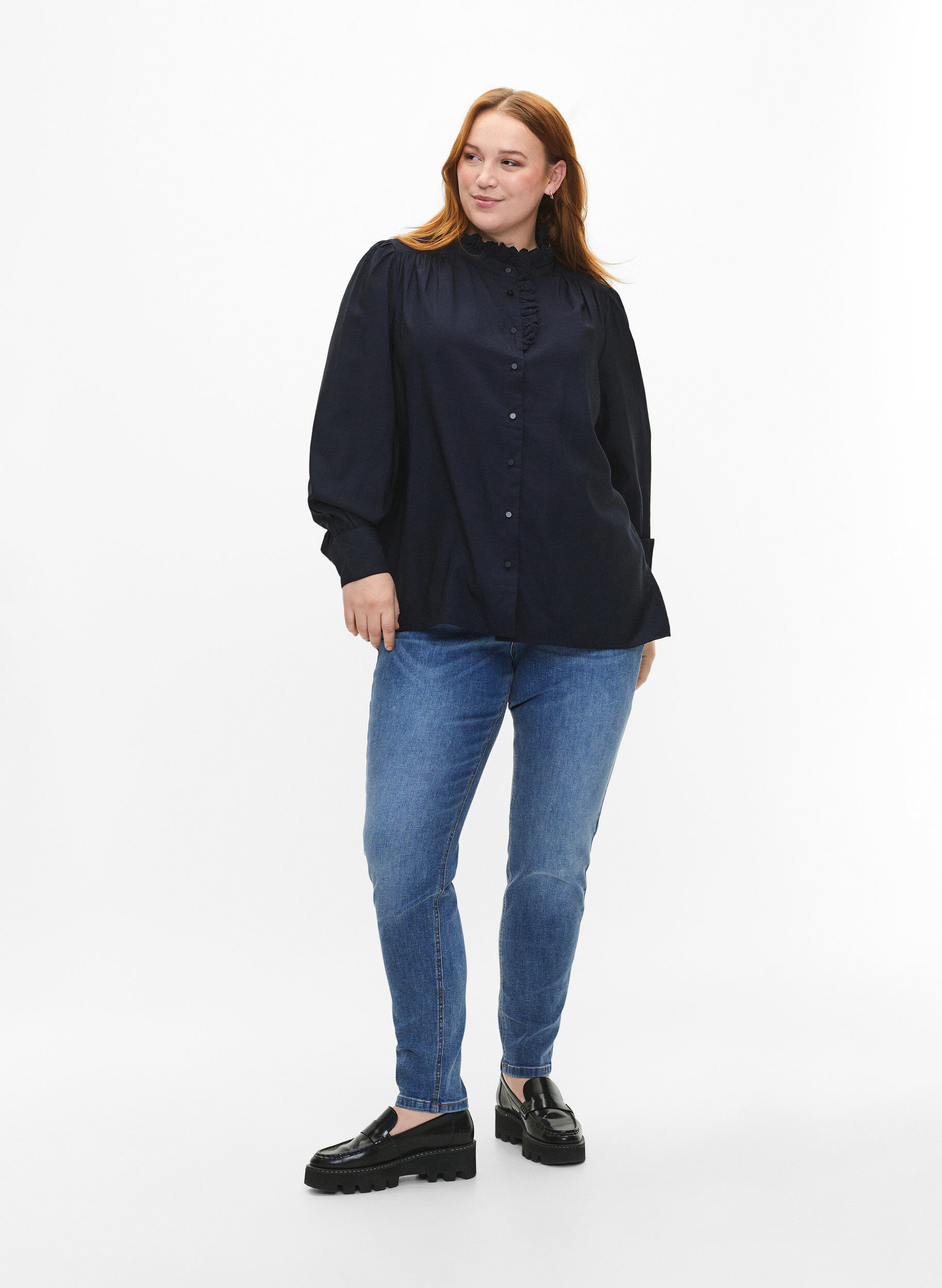 Zizzifashion Viscose shirt blouse with ruffles, Sky Captain, Model image number 2