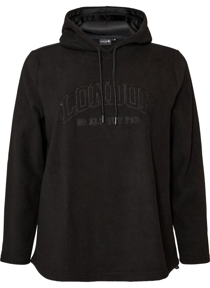 Fleece hoodie with a high neck and embroidered text, Black, Packshot image number 0