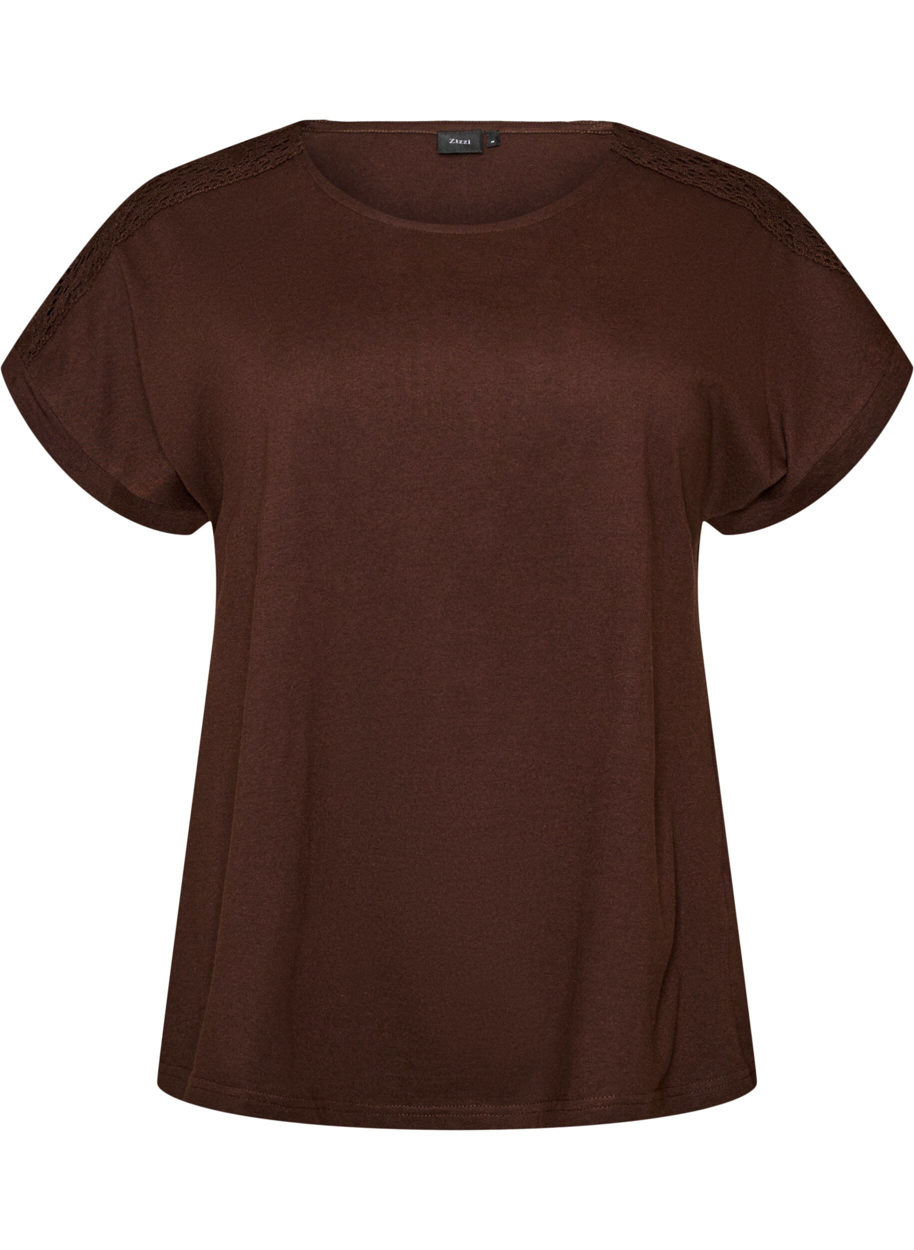 ZizzifashionCotton T-shirt with crochet detail, Brown, Packshot image number 0