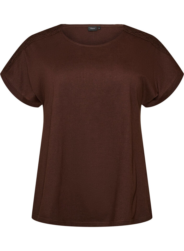 Cotton T-shirt with crochet detail, Brown, Packshot image number 0