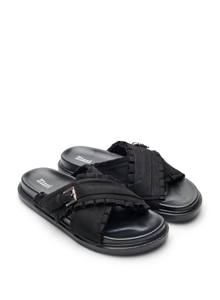 Sandals with crossed straps and ruffle edges, Black, Packshot image number 1
