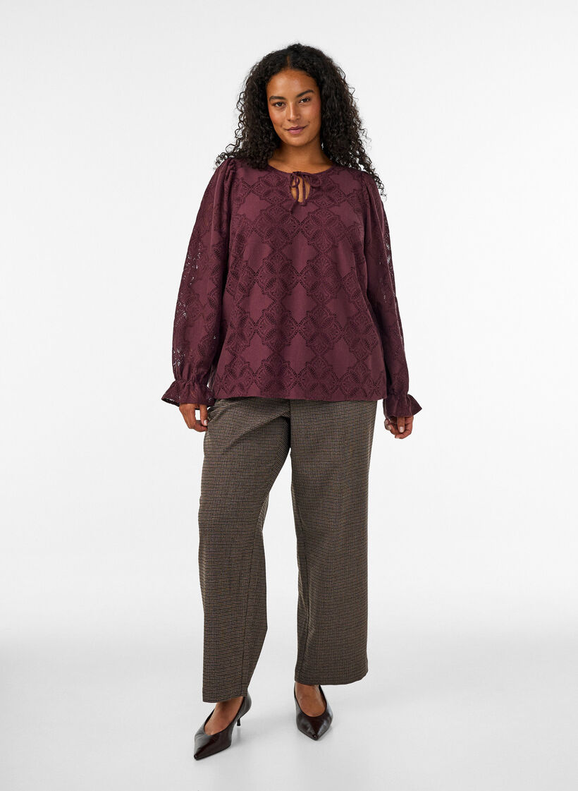 Long-sleeved blouse with lace pattern, Dark Bordeaux, Model image number 1