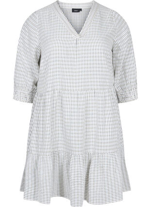 Patterned cotton dress with 3/4-length sleeves and smocking, White Check, Packshot image number 0