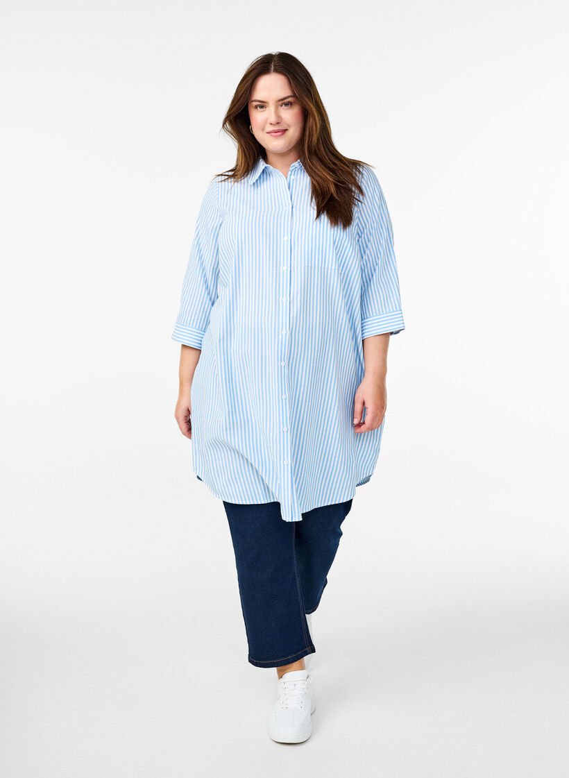 Long striped shirt with 3/4 sleeves, Light Blue, Model image number 1