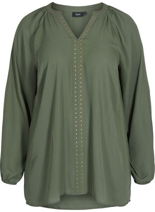Long-sleeved v-neck blouse with studs, Thyme, Packshot image number 0