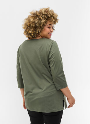 Plain-coloured cotton blouse with 3/4-length sleeves and slits, Thyme, Model image number 1