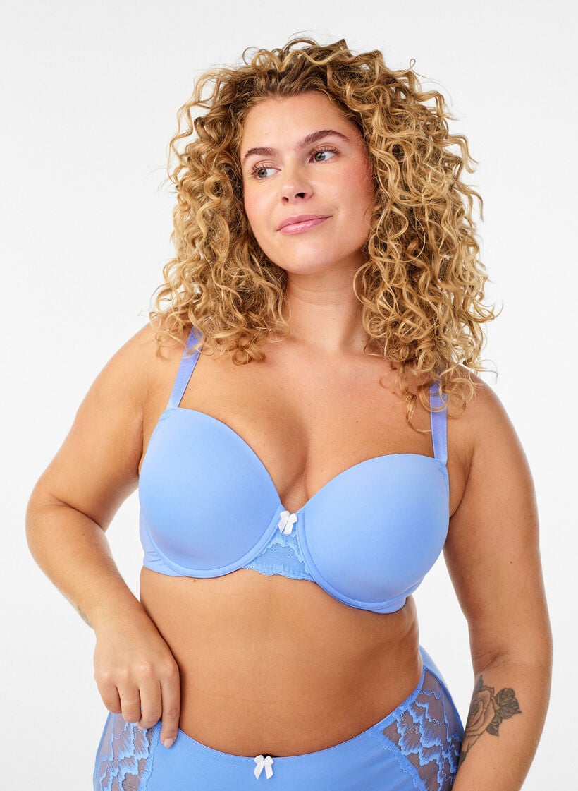 Moulded microfibre bra with lace detail and bow, Blue, Model image number 0