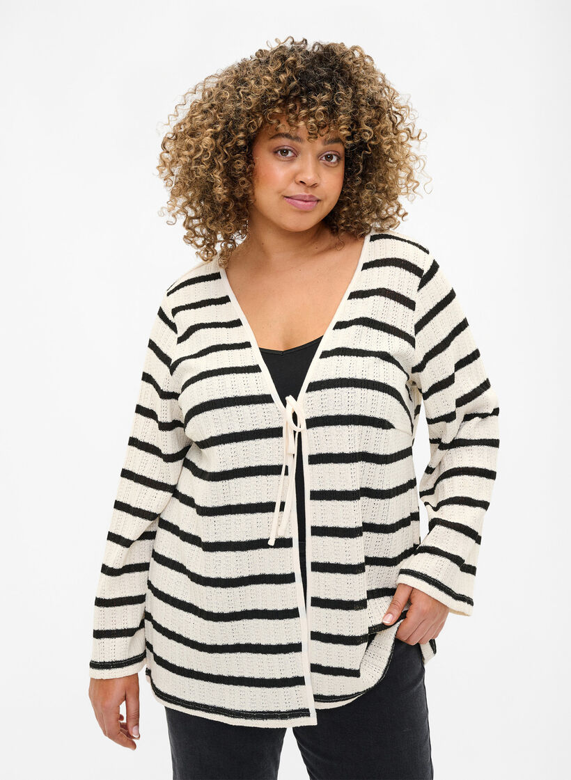 Striped cardigan with tie-string, Sand Black Stripe, Model image number 0