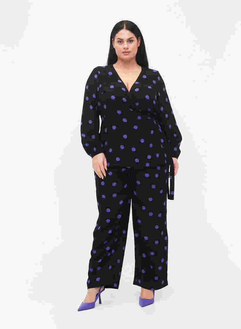 Dotted wrap blouse in viscose, Black w. Purple Dot, Model image number 2