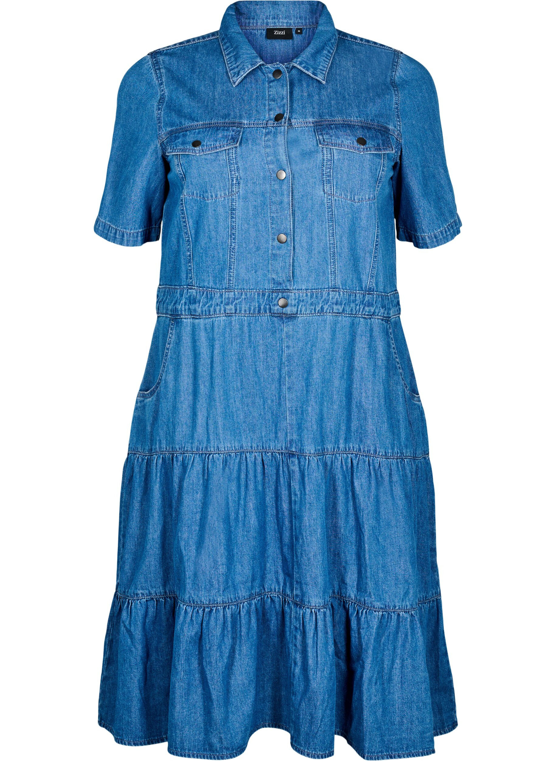 ZizzifashionMidi denim dress with buttons and short sleeves, Blue, Packshot image number 0