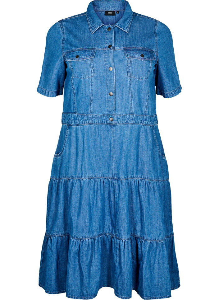 Midi denim dress with buttons and short sleeves, Blue, Packshot image number 0