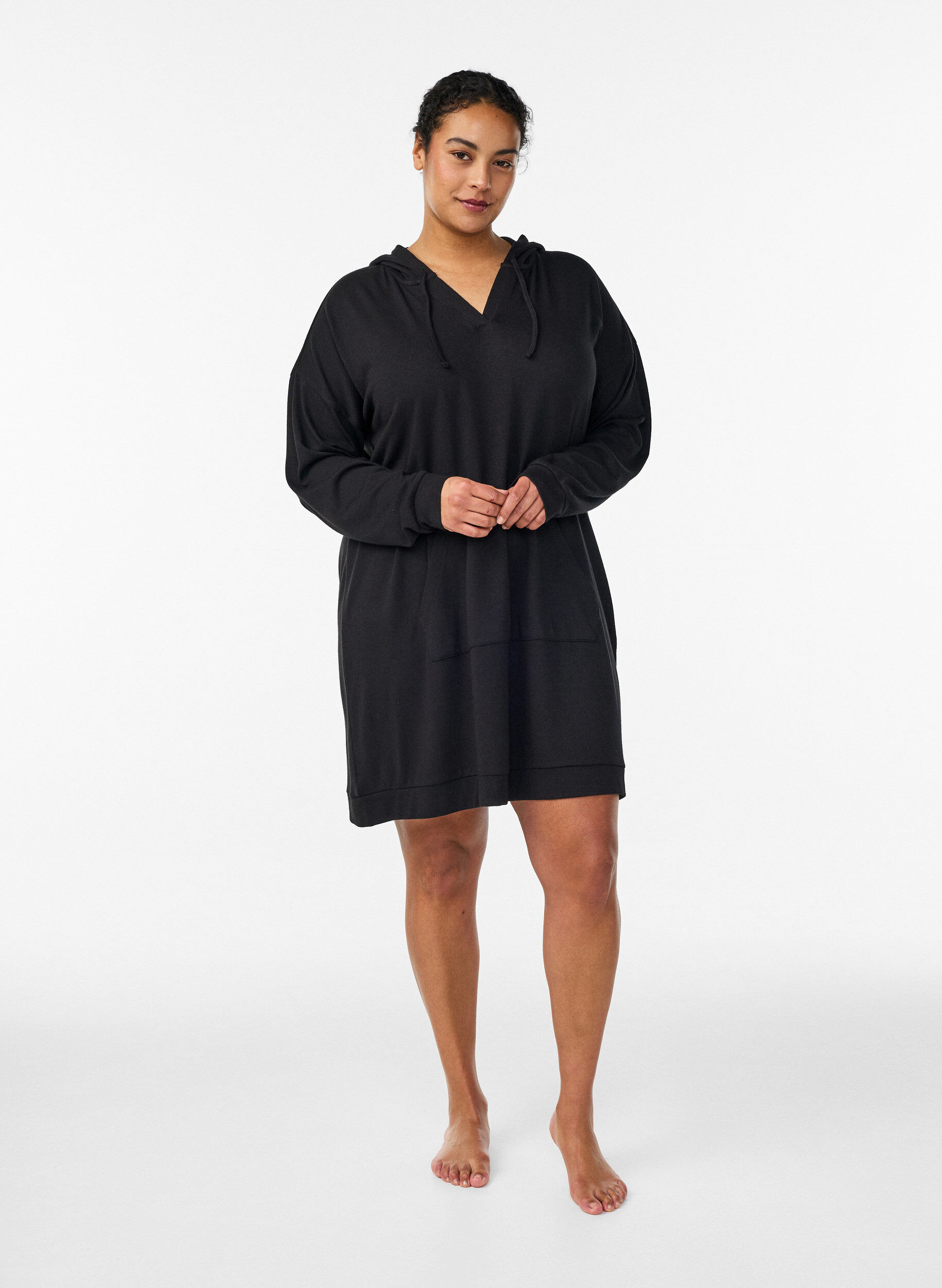 Zizzifashion Short hoodie dress with a kangaroo pocket, Black, Model image number 1