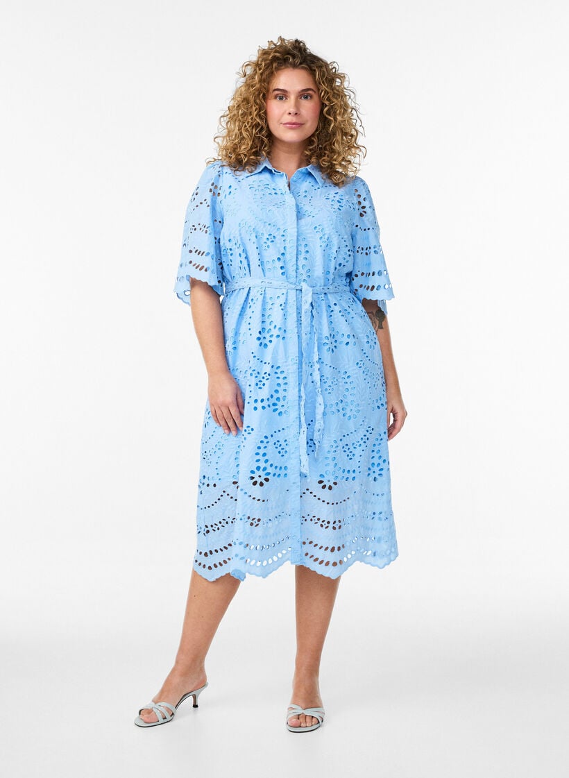 Shirt dress in broderie anglaise with a tie-belt, Blue, Model image number 1
