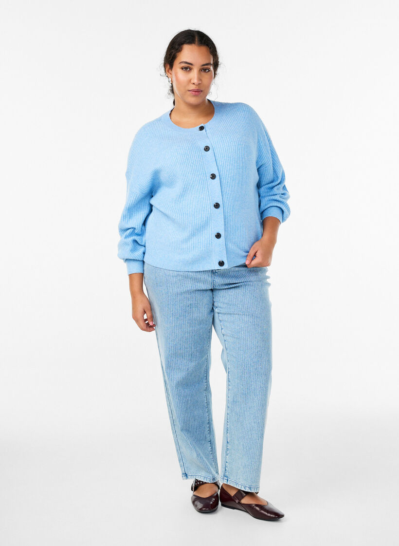 Ribbed cardigan with buttons, Light Blue, Model image number 1