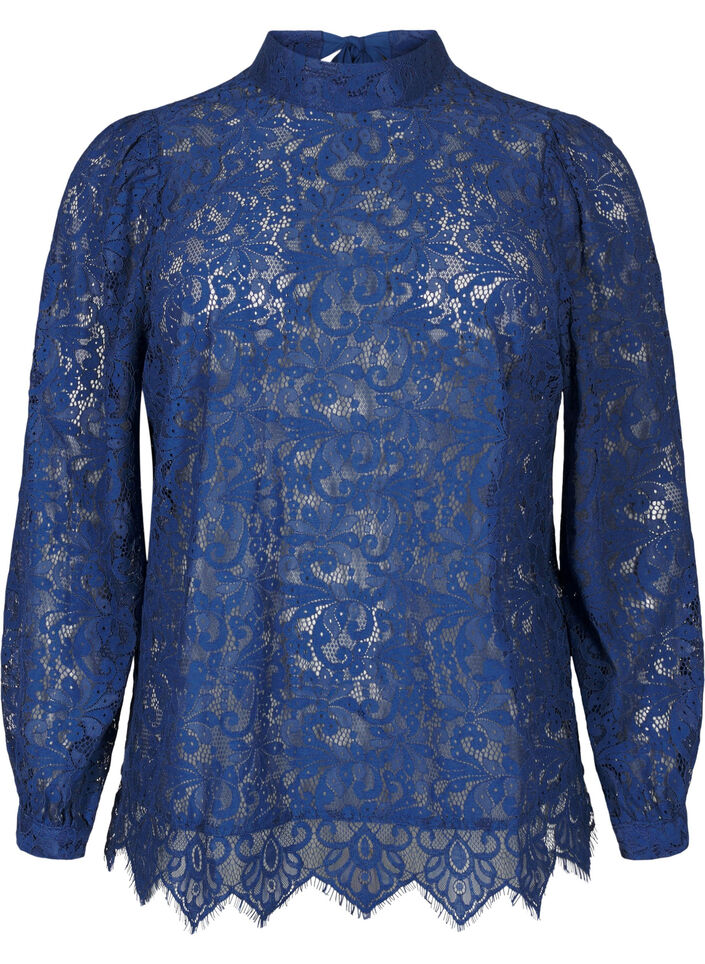 Lace blouse with bow detail, Estate Blue, Packshot image number 0